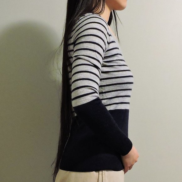 Club Monaco Gray & Dark Blue Striped V-Neck Wool Sweater, Size S - Picture 6 of 12